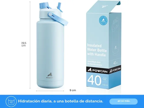 Miniatura 5 de POWCAN Botella de agua aislada de 40 onzas con popote 2 en 1 y tapa de boquilla, mantiene el frío 24 horas, a prueba de fugas, sin BPA, botella