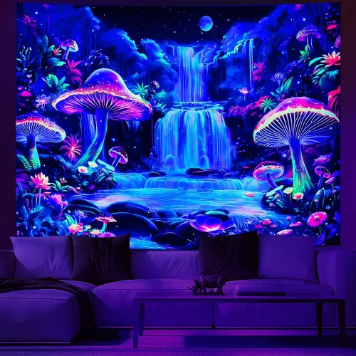 Miniatura 3 de Dermijer Tapiz de luz negra, tapiz de fantasía, bosque de hongos, tapices reactivos a los rayos UV, tapices de cascada, luna, noche, neón, flores
