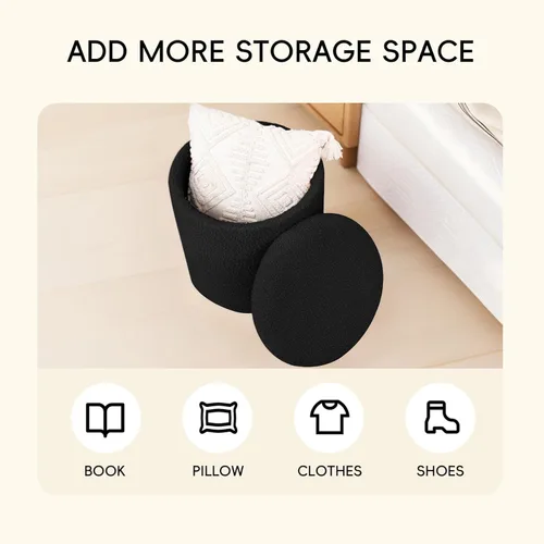 Miniatura 5 de PINPLUS Otomana con Stroage redondo Boucle otomana y bandeja Sherpa extraíble pie taburete mesa de café para dormitorio, sala de estar, negro, 16.9