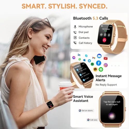 Miniatura 4 de Reloj inteligente para mujeres y hombres, batería de 1000 mAh, contador de actividades, compatible con Android iPhone iOS, 3 correas, dorado