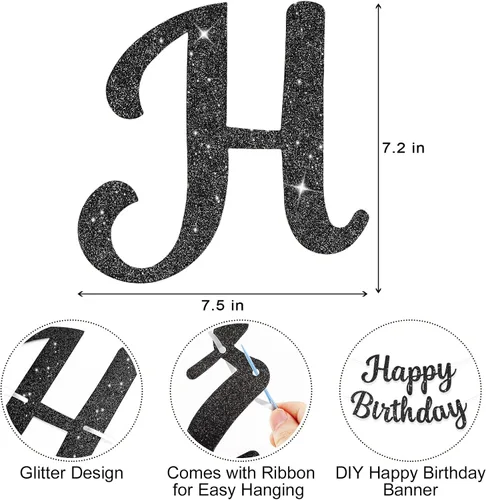 Miniatura 5 de Letrero de Pancarta de Feliz Cumpleaños Negro con Purpurina, Guirnalda de Cumpleaños Pancartas de Pared y Puerta Bandera para Mujeres Hombres Niños