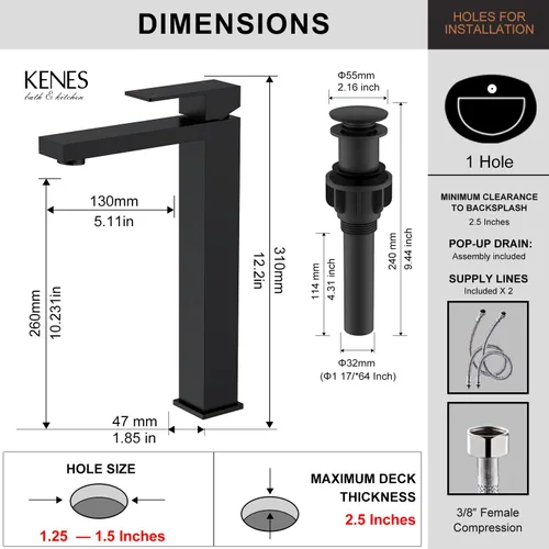 Miniatura 6 de KENES Grifo de Baño Negro Mate de Una Sola Manija Grifo Alto para Lavabo Tipo Vasija Grifo de Baño de Tocador Mezclador de Lavabo con Manguera