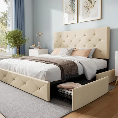 Miniatura 24 de WEEWAY Base de cama de plataforma tamaño Queen con 4 cajones de almacenamiento, cabecera capitonada con botones de puntada cuadrada, base de colchón