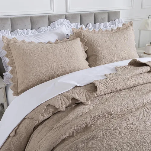 Miniatura 19 de Brandream Queen Size Quilt Set Cotton Beige Quilts Luxury Farmhouse Bedding Set Matelasse Coverlet Scalloped Quilt Set 3-Piece