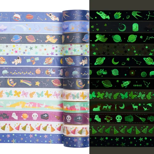 Luminous Galaxy Washi - Juego de 12 rollos de cintas adhesivas decorativas que brillan en la oscuridad para artes, manualidades, diarios, Galaxia