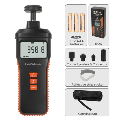 Miniatura 9 de Tacómetro tacómetro digital de contacto y sin contacto 4 modo de prueba Tacómetro de foto láser 1.0 ~ 99999RPM Tacómetro RPM de alta precisión con 4