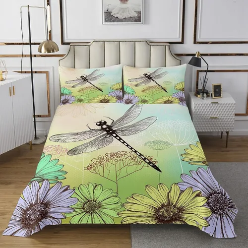 Miniatura 6 de Regalos de libélula para mujer, juego de edredón floral de diente de león, tamaño King, juego de colcha de animales voladores de libélulas