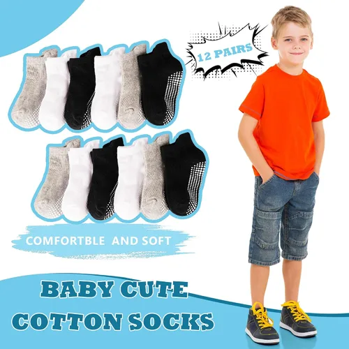 Miniatura 5 de Tphon Calcetines antideslizantes para niños pequeños, 12 pares de calcetines de agarre para niños y niñas, calcetines de tobillo con agarre