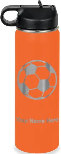 Miniatura 31 de LaserGram Botella de agua personalizada, pelota de fútbol, acero inoxidable de doble pared aislada al vacío con popote superior, regalo grabado