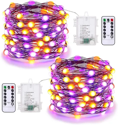 Miniatura 10 de BrizLabs Luces naranjas de Halloween, paquete de 4 luces LED de 19.47 pies, 60 luces LED naranjas, 2 modos de batería, cadena de luces de Halloween