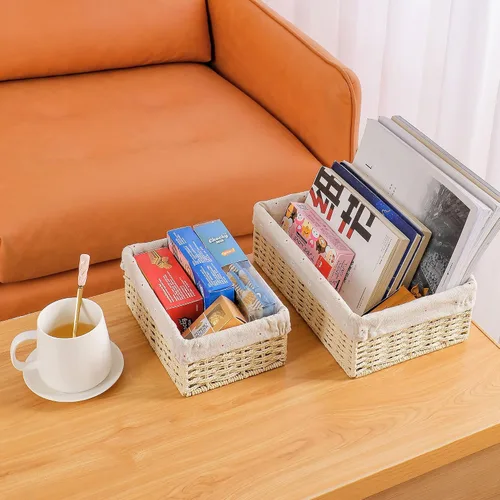 Miniatura 6 de Cesta de almacenamiento tejida de mimbre, organizador de juguetes, botes pequeños para despensa, regalos de dormitorio, estantes vacíos, cubo