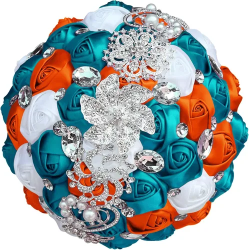Miniatura 15 de XINNI Broche de oro de lujo de 8 pulgadas, ramo de boda nupcial para novia, dama de honor, ramo de rosas de satén con perlas, color negro y gris