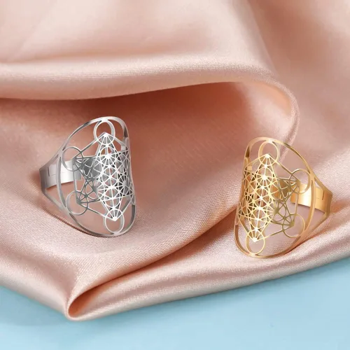 Miniatura 6 de Amaxer Metatron's - Anillo de acero inoxidable con diseño de arco y metatrón, para mujer, con banda abierta