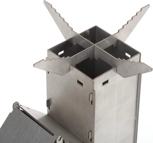 Miniatura 7 de Estufa de cohete para cocinar, estufa de cohete portátil de acero inoxidable para mochileros, mini estufa de leña desmontable resistente