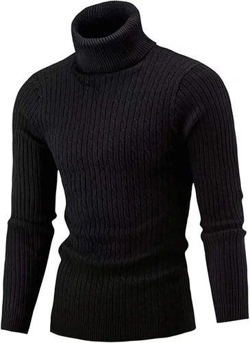 QZH.DUAO - Suéteres informales de cuello alto para hombre, diseño entallado de punto trenzado, manga larga, sin botones