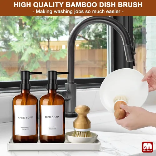 Miniatura 5 de GMISUN Dispensador de jabón para platos, juego de dispensador de jabón de cocina de 16 onzas con bandeja de cerámica y cepillo de bambú, paquete