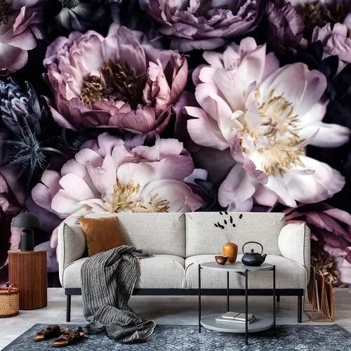 Miniatura 2 de Papel tapiz floral de paeonia morada, fondo negro, mural de pared para dormitorio, sala de estar, habitación de niña y mujer (no se pega ni se pega)