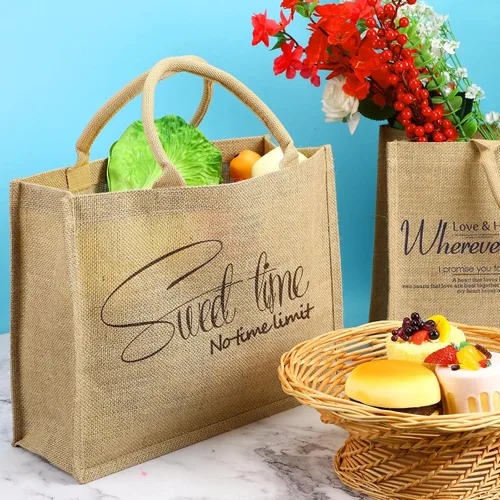 Miniatura 3 de Shappy Paquete de 8 bolsas de arpillera con asas de 15.8 x 11.8 x 5.9 pulgadas, bolsas de yute con interior laminado, bolsa de comestibles Marrón