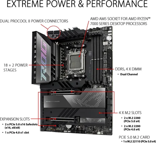 Miniatura 2 de ASUS ROG Crosshair X670E Hero AMD X670 AM5 Ryzen™ Desktop 9000 8000 y 7000 ATX Motherboard, 18 + 2 etapas de potencia, PCIe® 5.0, DDR5, 5X ranuras