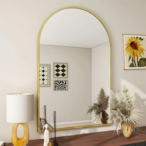 BEAUTYPEAK Espejo de Pared Montado, Espejo de Baño Arqueado de 26 pulgadas x 38 pulgadas, Espejo de Tocador de Pared Dorado con Marco de Metal para