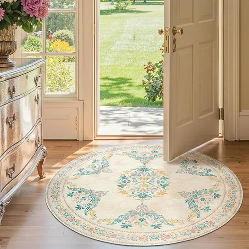Miniatura 118 de Jinchan Fiora - Alfombra redonda de 8 pies, alfombras vintage con diseño floral envejecido, lavable a máquina, antideslizante, de pelo bajo, Azul