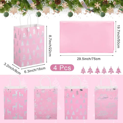 Miniatura 2 de Pasimy 24 bolsas de regalo de Navidad rosadas con papel de seda, bolsa de papel de dulces de Navidad rosa con lámina metálica plateada de copo
