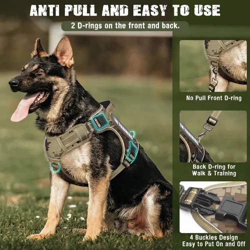 Miniatura 2 de Juego de arnés táctico para perros y correa para perros grandes, chaleco de perro de servicio resistente sin tirones y 10 parches con cinturón