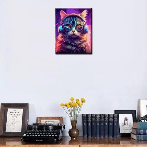 Miniatura 2 de Kits de pintura por números, gato con auriculares, pintura al óleo, decoración de pared, graffiti, arte de animales, 16 x 20 pulgadas, música, gato