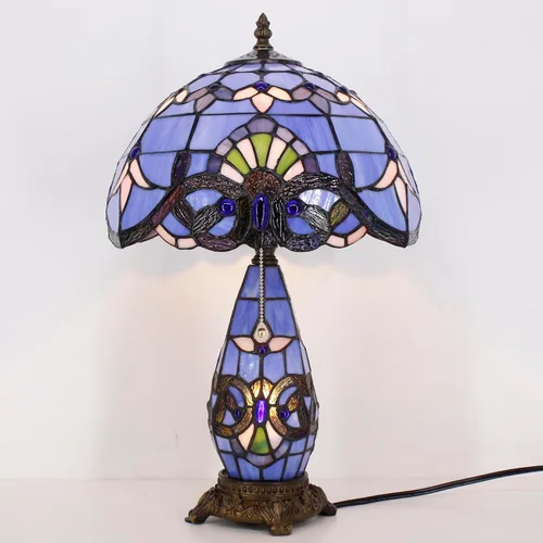 Miniatura 5 de Lámpara de Estilo Tiffany de Vidrio Manchado Azul Barroco de Mesa de 12X19 Pulgadas, Vaso Madre-Hija, Luz de Lectura para Escritorio, Decoración