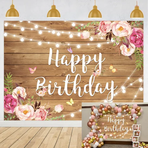 Fondo de madera rústica floral para cumpleaños, flores de primavera, purpurina de madera, fondo de fotografía de feliz cumpleaños para mujeres,