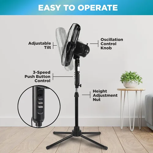 Miniatura 4 de Comfort Zone CZST161BTEBK Ventilador de pie oscilante de 16 pulgadas, opciones de 3 velocidades, cabezal oscilante de 90 grados, altura y Negro