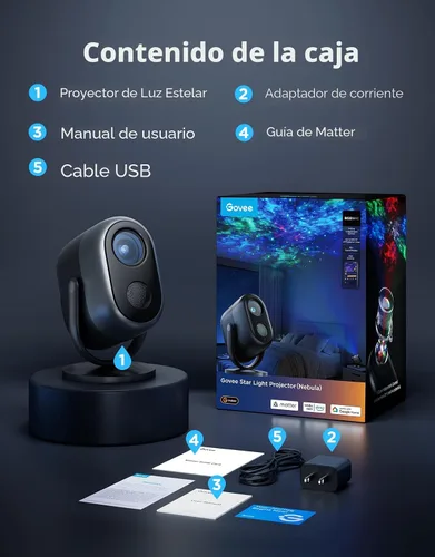 Miniatura 8 de Govee Luces de proyector de estrellas, efecto nebulosa colorida de 7 zonas, compatible con Matter, cobertura de 540 pies², luces de techo LED