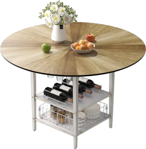 Miniatura 10 de Juego de mesa de comedor redonda de 47 pulgadas para 4-6 personas, juego de mesa de comedor grande de cocina estilo granja con sillas y estante