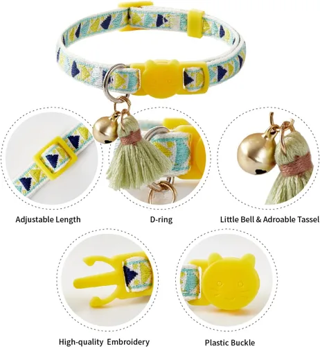 Miniatura 5 de Paquete de 2 collares de gato con bonito patrón colorido para gato, niño y niña, longitud ajustable con borla de campana, patrón tribal bohemio