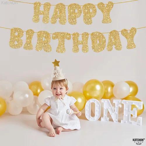Miniatura 6 de KatchOn, Cartel de feliz cumpleaños dorado con purpurina – Pre-encordado, 10 pies Cartel dorado de feliz cumpleaños para niñas y niños Cartel