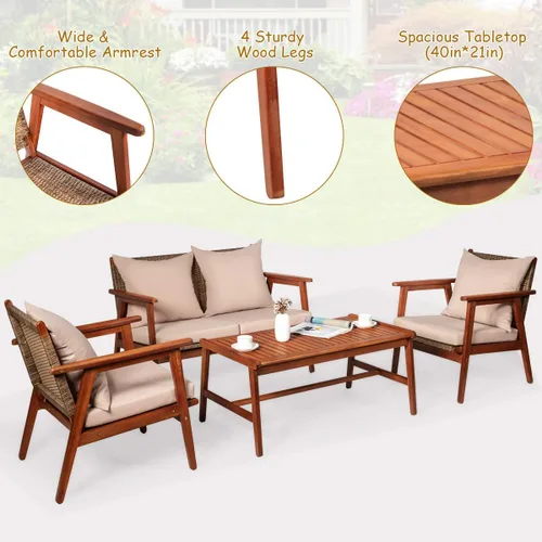 Miniatura 8 de Tangkula juego de 4 sofás de madera de patio, juego de asientos de madera de acacia para exterior con cojines y mesa de centro, juego de sofá