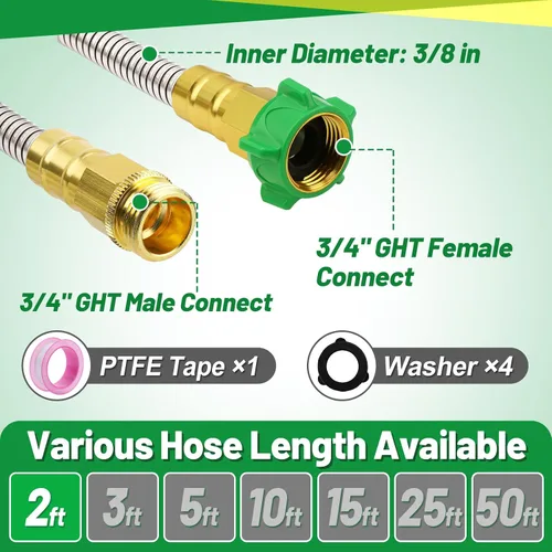 Miniatura 4 de Manguera de jardín corta con conector macho a hembra, manguera líder de metal a prueba de fugas de 2 pies para carrete, tubo de agua flexible