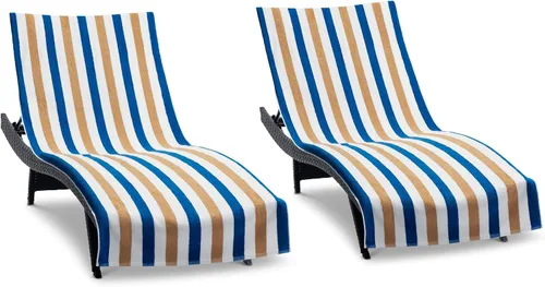 Miniatura 9 de Arkwright Cabo Funda para Tumbona - Paquete de 2 - Toalla de Cabana de Algodón Suave a Rayas con Portabolsillos para Silla de Playa, Piscina