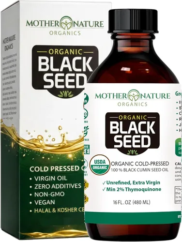 Aceite de semilla de comino negro prémium certificado 100% USDA orgánico, botella de vidrio, contenido TQ más oscuro y más alto de 1.08%, Nigella