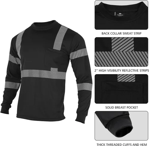 Miniatura 3 de VENDACE 3 piezas de camisetas de seguridad reflectantes de alta visibilidad de manga larga para trabajo en construcción para hombres Clase 3 Negro