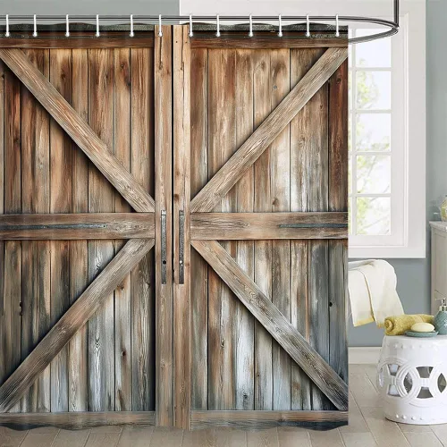 Miniatura 12 de Cortina de ducha de puerta de granero de madera rústica, 60 x 70 pulgadas, beige