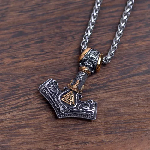 Miniatura 5 de LANGHONG Collar de martillo de Thor vikingo nórdico Mjolnir para hombre, joyería de talismán