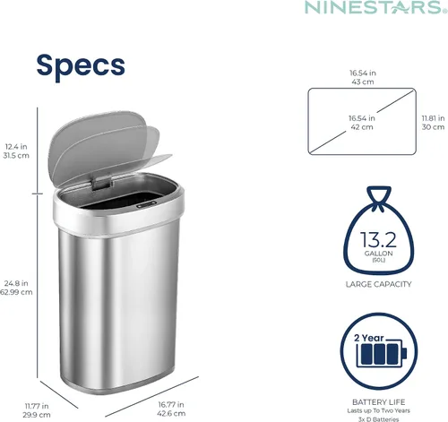 Miniatura 4 de Ninestars DZT-50-49 - Bote de basura ovalado automático con sensor de movimiento sin contacto con tapa negra, 13 galones/50 L, acero inoxidable Plata