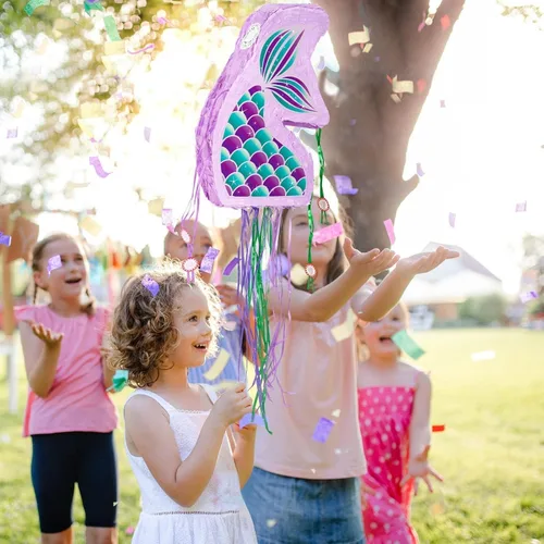 Miniatura 7 de WERNNSAI - Piñata de sirena plegable, piñata de cumpleaños con flecos que incluye cuerda para jalar, venda y bate. Decoraciones