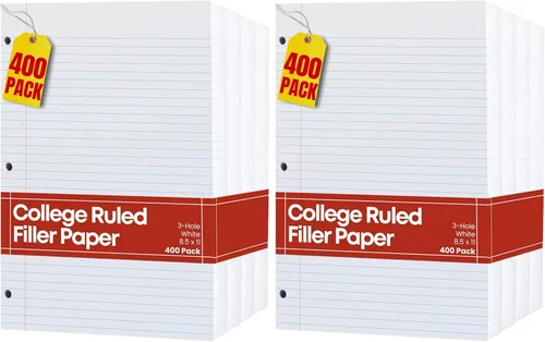 Miniatura 8 de 1InTheOffice Papel de relleno con rayas universitarias, hojas sueltas, 8.5 x 11 pulgadas, 3 agujeros perforados, blanco, 800 hojas - Papel rayado a