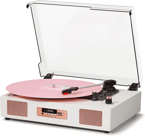Miniatura 12 de Tocadiscos de vinilo Bluetooth con dos altavoces incorporados, grabación USB, transmisión por correa, 3 velocidades, tocadiscos para discos de Negro