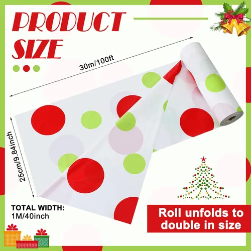 Miniatura 2 de Hosuly Rollo de mantel de Navidad de 100 pies x 40 pulgadas con lunares rojo y verde, mantel rectangular desechable de plástico para invierno
