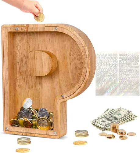 Miniatura 24 de Alcancía de Madera Personalizada con Letras del Alfabeto, Banco de Monedas con Letras del Alfabeto para Niños, Niñas y Bebés, Tamaño Grande, 26
