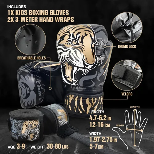 Miniatura 6 de Guantes de boxeo para niños con envolturas de mano para niñas y niños de 3 a 8 años, juego de boxeo de entrenamiento, guantes de golpeo Dorado