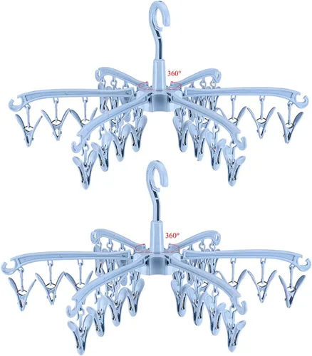 Estante de secado plegable con 24 clips para secar calcetines, ropa de bebé, toallas de secado giratorias, 2 unidades (azul)